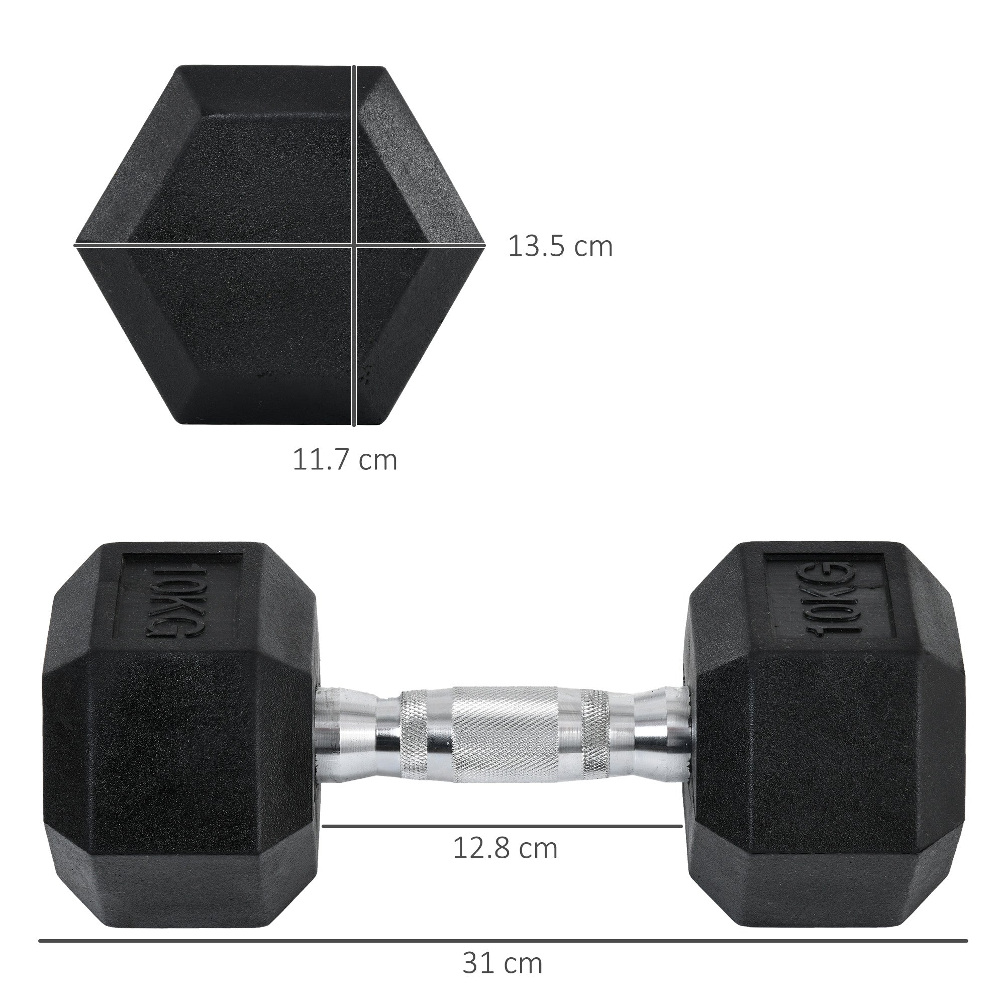 Black hexagonal rubber dumbbell with silver handle marked 10kg from homcom fitness home gym set