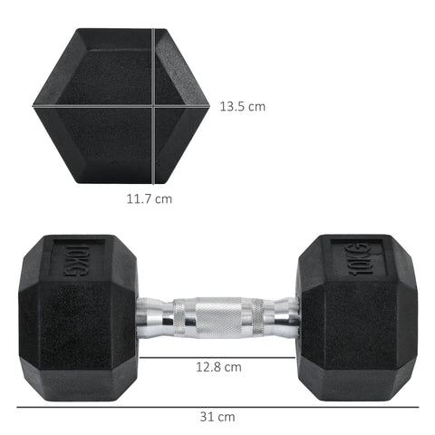 Black hexagonal rubber dumbbell with silver handle marked 10kg from homcom fitness home gym set