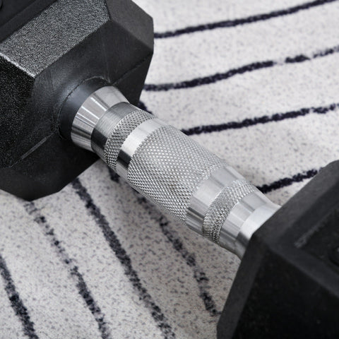 Black hexagonal rubber dumbbell with textured silver metal handle for home gym fitness by HOMCOM