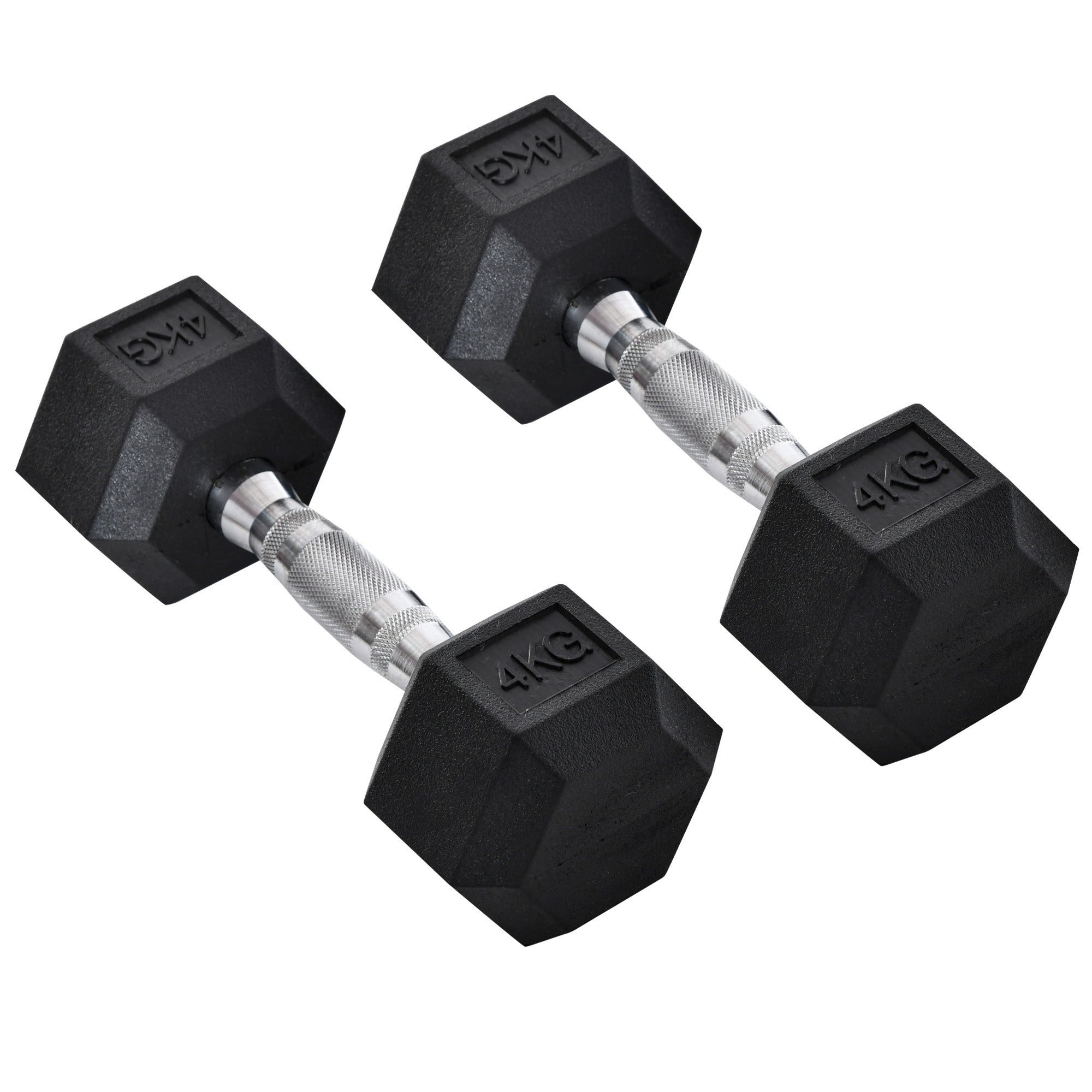 Black small size rubber dumbbell set with knurl indents and silver handles 4kg each for home gym fitness