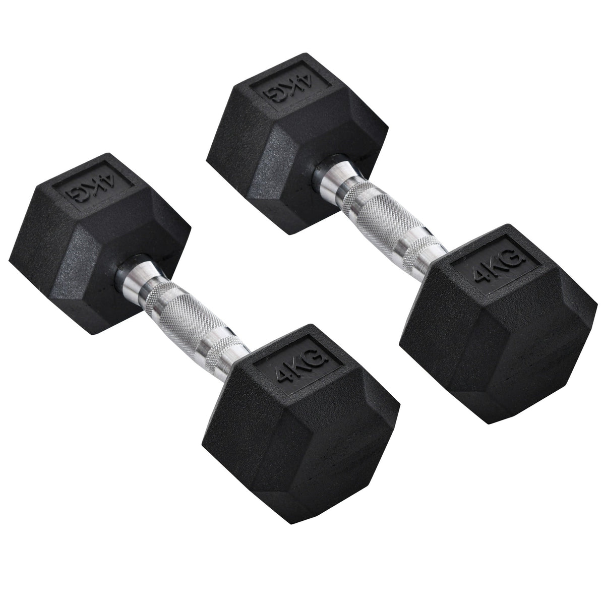 Black small size rubber dumbbell set with knurl indents and silver handles 4kg each for home gym fitness