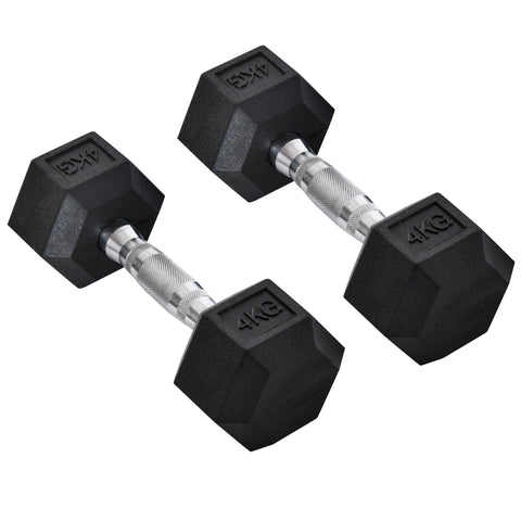 Black small size rubber dumbbell set with knurl indents and silver handles 4kg each for home gym fitness