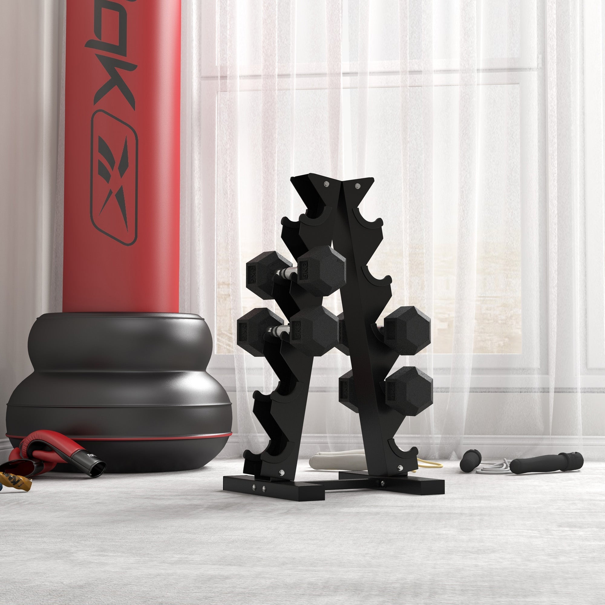 Black hexagonal rubber dumbbell rack holding small size 2x4kg weight plates with knurl indents for home fitness
