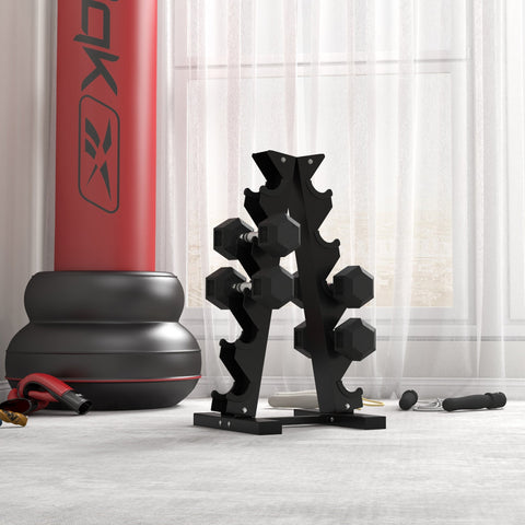 Black hexagonal rubber dumbbell rack holding small size 2x4kg weight plates with knurl indents for home fitness