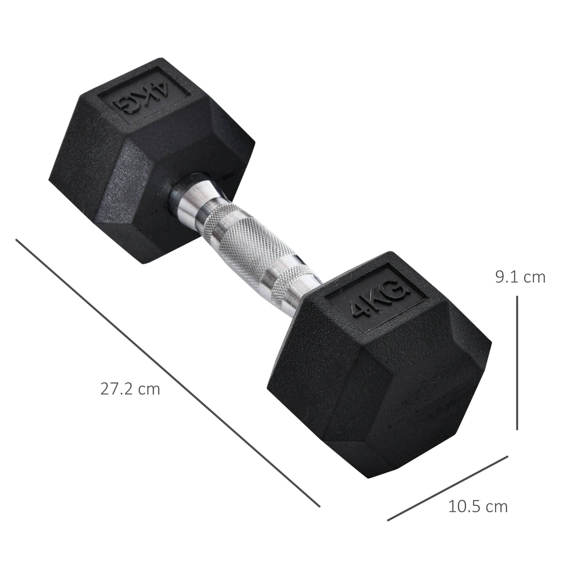 Black rubber dumbbell with silver metallic handle 4kg weight small size with knurl indents for home gym use