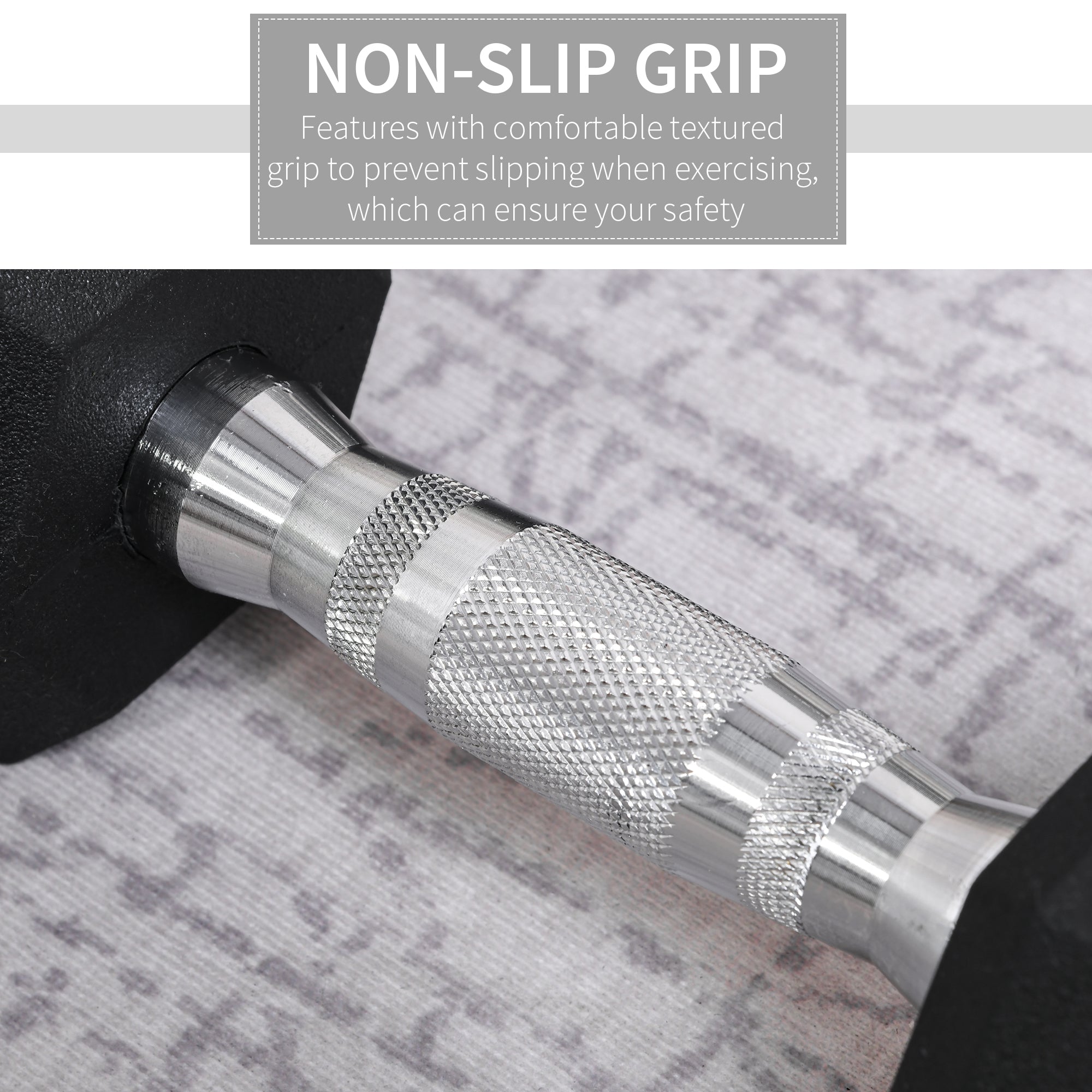 Silver textured non-slip knurl indents grip handle on small size homcom rubber dumbbell for home gym use