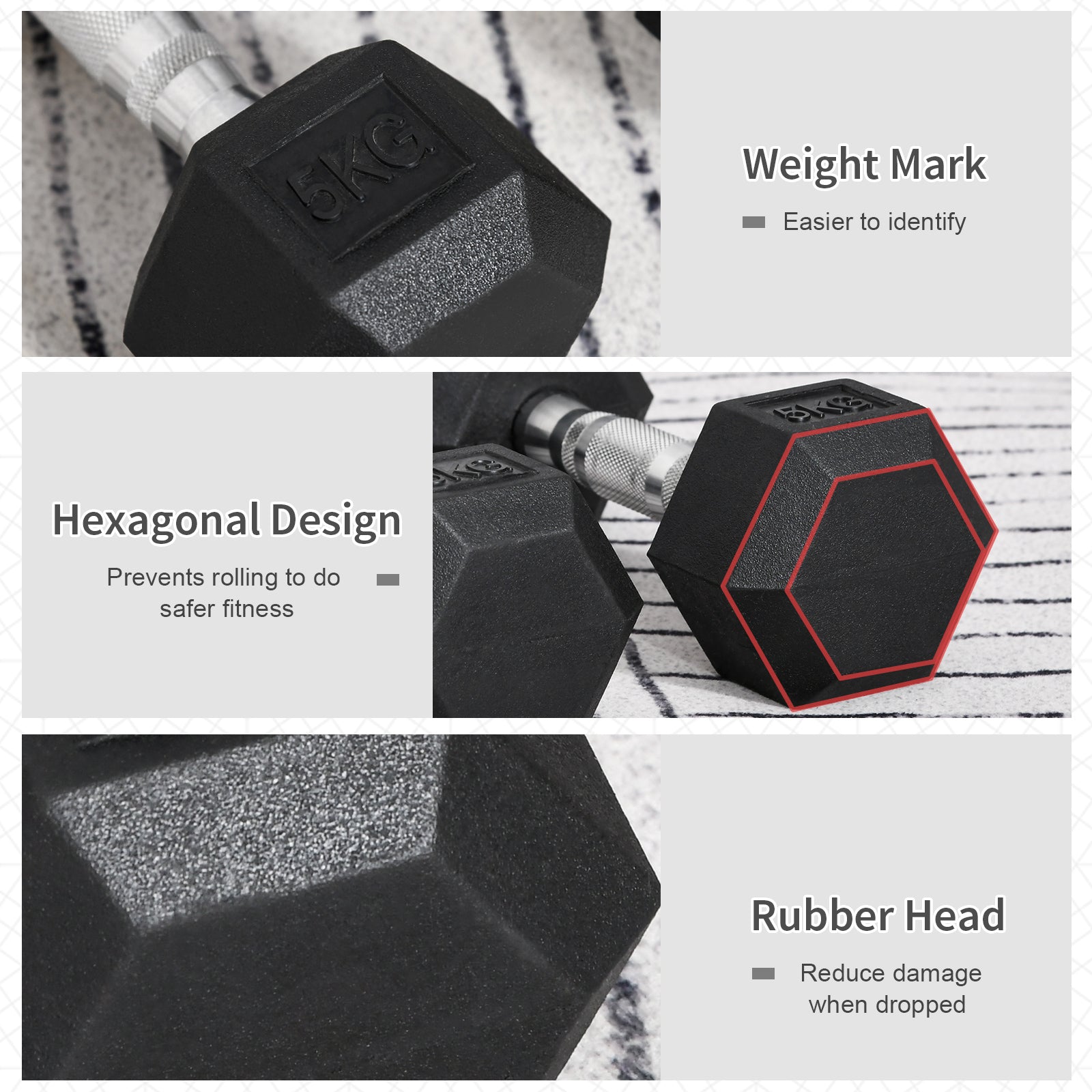 Black hexagonal rubber dumbbell with 5kg mark and red trim from HOMCOM gym fitness lifting set for home use