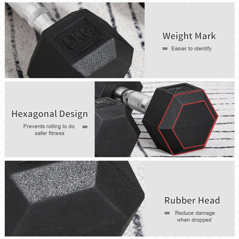 Black hexagonal rubber dumbbell with 5kg mark and red trim from HOMCOM gym fitness lifting set for home use