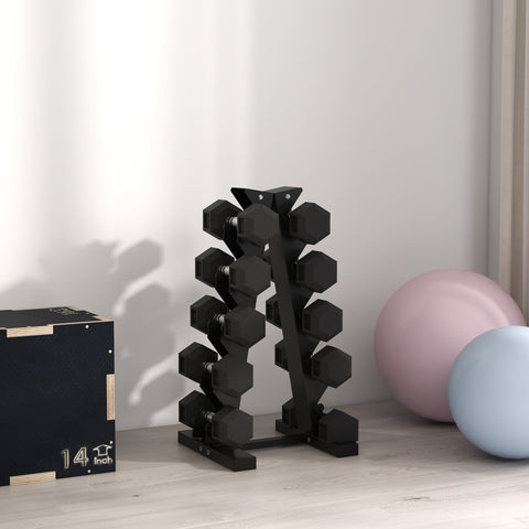 Black hexagonal rubber dumbbell rack holding multiple weights from homcom 2x5kg gym fitness set for home use