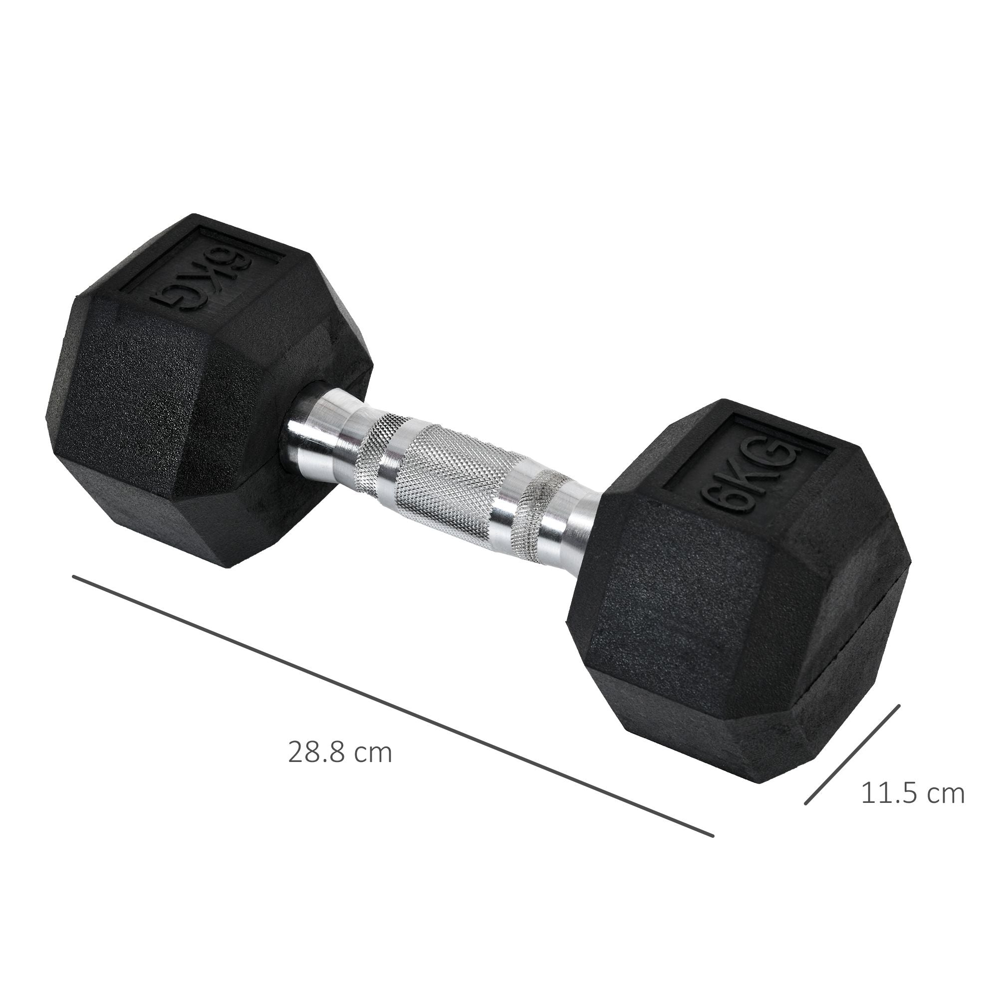 Black hexagonal rubber coated 6kg dumbbell with silver metallic handle from homcom fitness home gym set