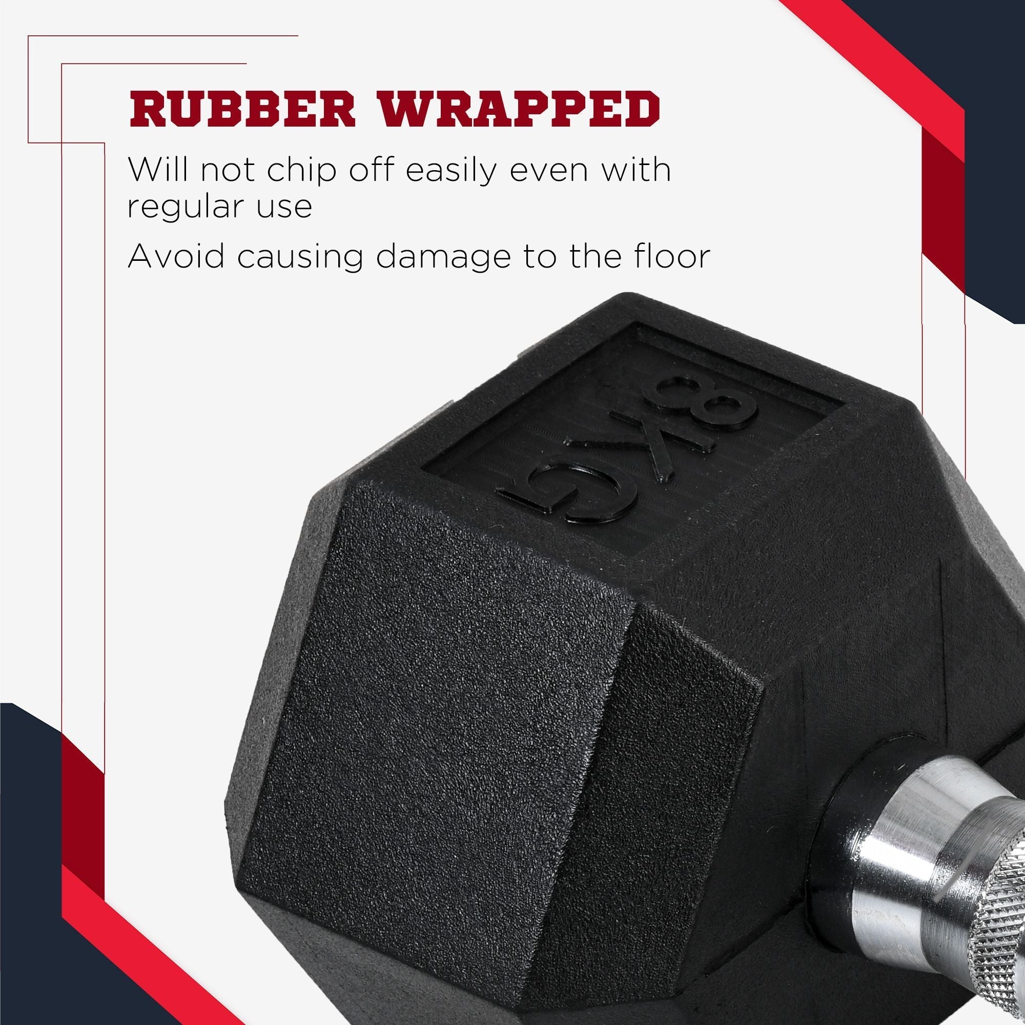 Black rubber-wrapped 8kg hex dumbbell with silver metallic handle from HOMCOM 2x6kg fitness dumbbells set