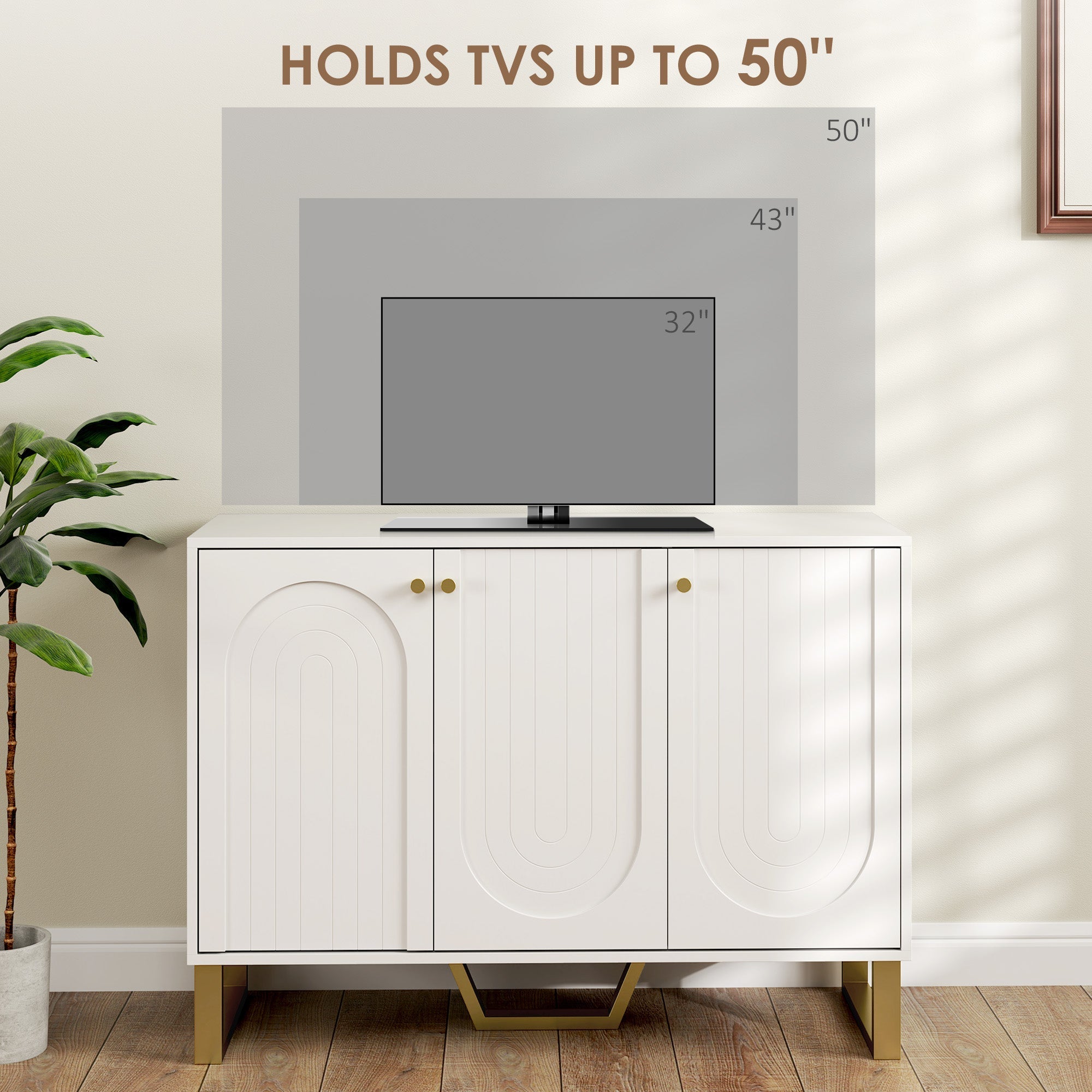 White homcom 3-door sideboard storage cabinet with gold-tone legs and arched doors perfect for living room tvs up to 50 inches