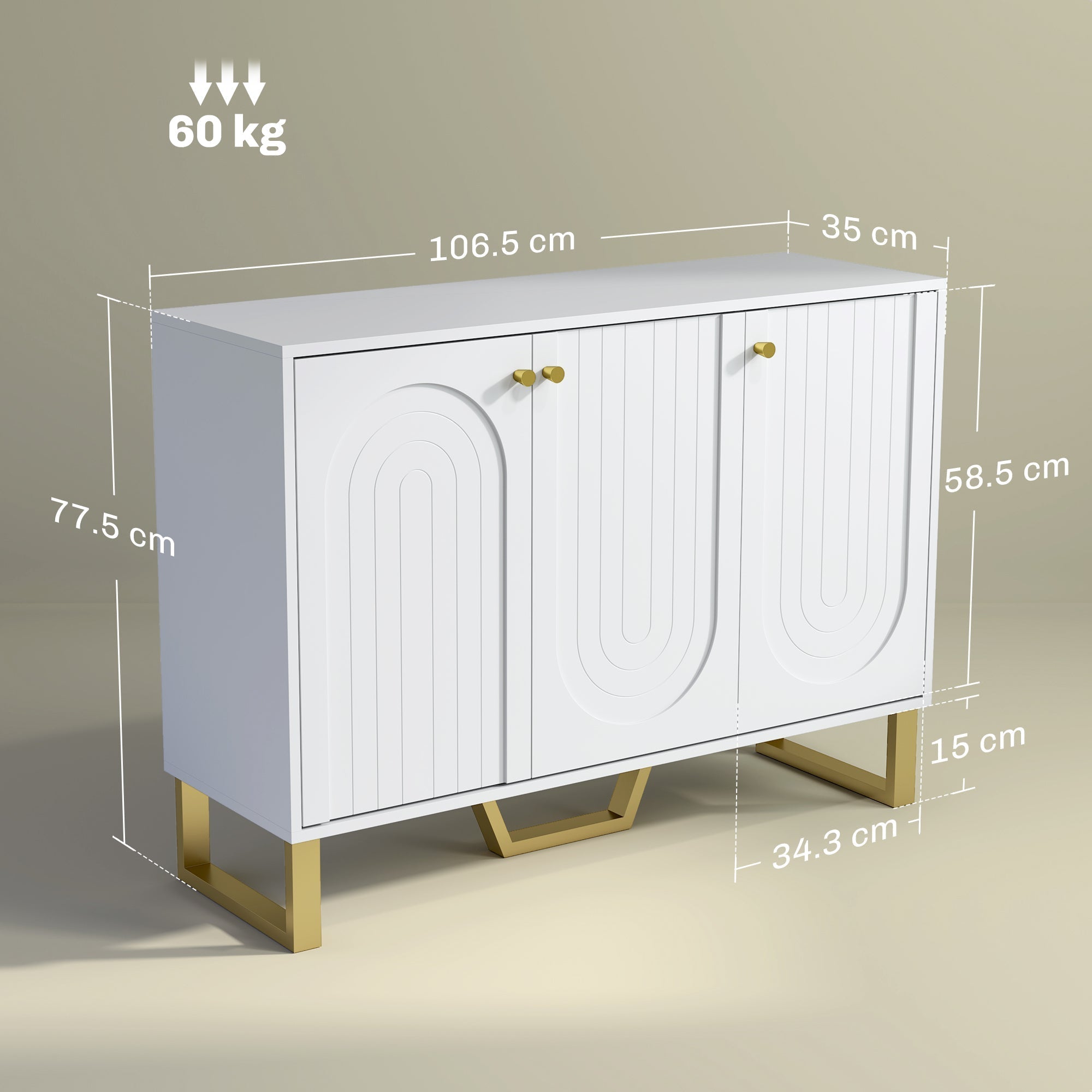 White homcom 3-door sideboard storage cabinet with gold-tone legs and handles perfect for living room use