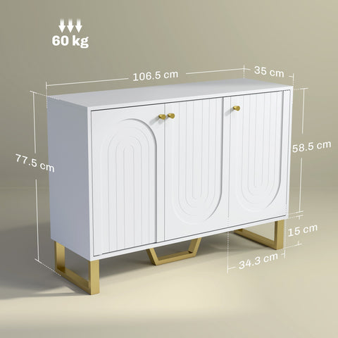 White homcom 3-door sideboard storage cabinet with gold-tone legs and handles perfect for living room use