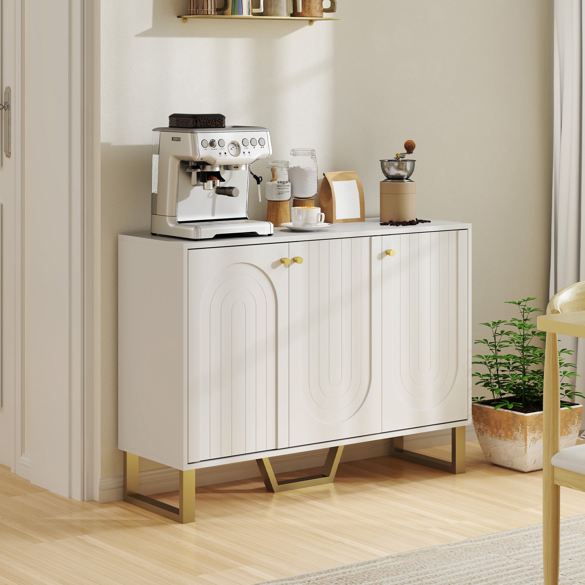 White homcom 3-door sideboard storage cabinet with gold-tone legs handles and vertical paneling perfect for living room