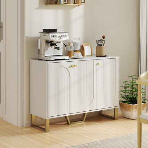 White homcom 3-door sideboard storage cabinet with gold-tone legs handles and vertical paneling perfect for living room