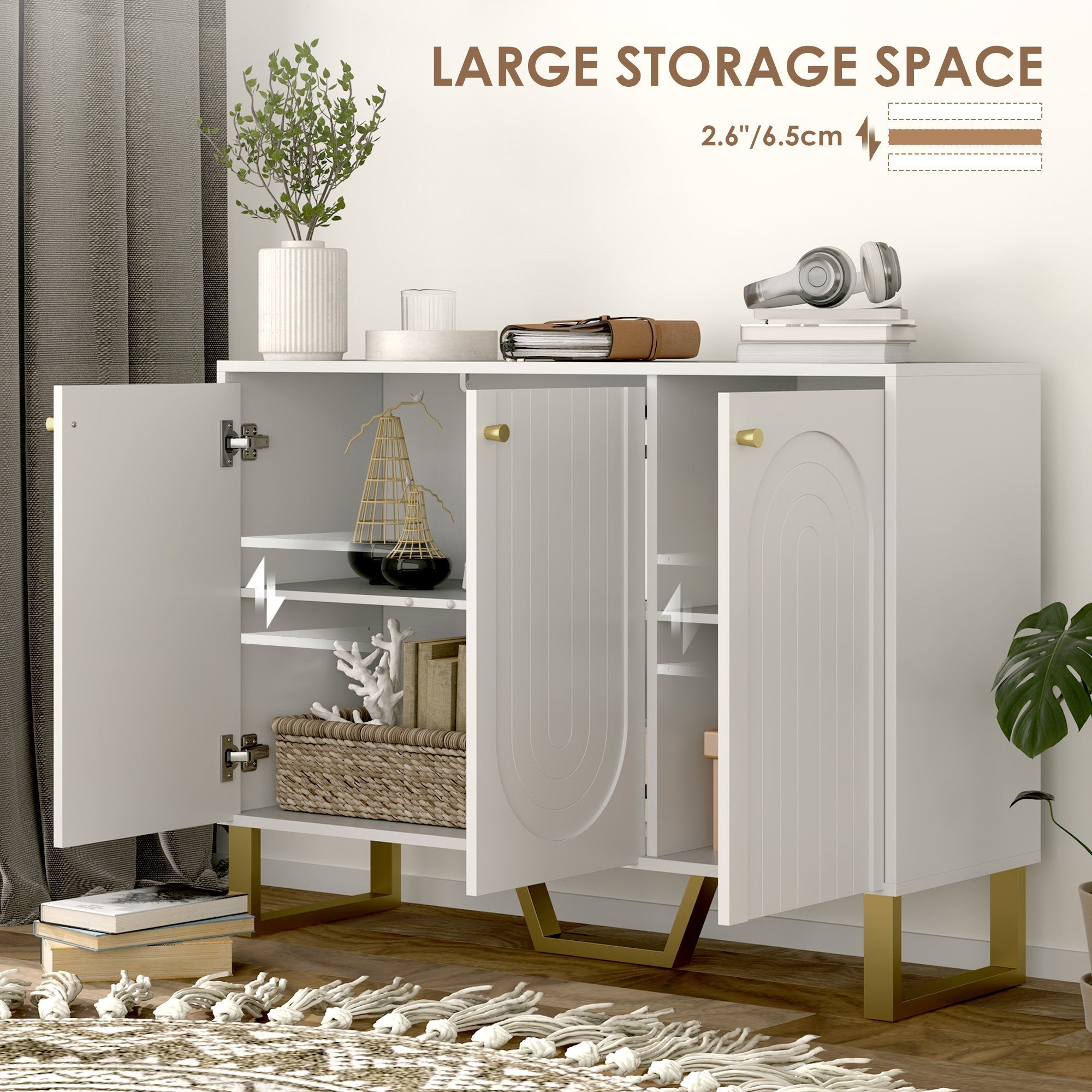 White homcom 3-door sideboard storage cabinet with gold-tone legs and handles perfect for living room use