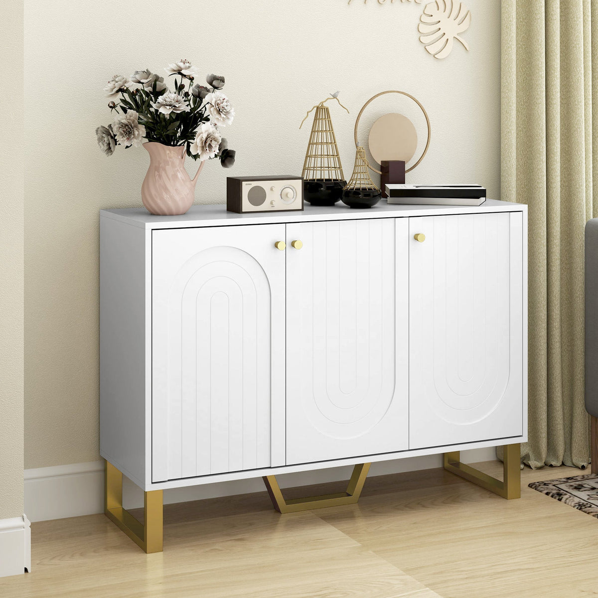 White homcom 3-door sideboard storage cabinet with gold-tone legs and arched panel doors for living room use
