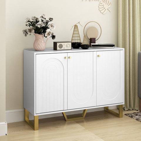 White homcom 3-door sideboard storage cabinet with gold-tone legs and arched panel doors for living room use