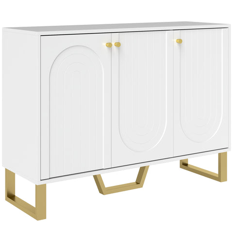 White homcom 3-door sideboard storage cabinet with gold-tone legs and vertical grooves perfect for living room use