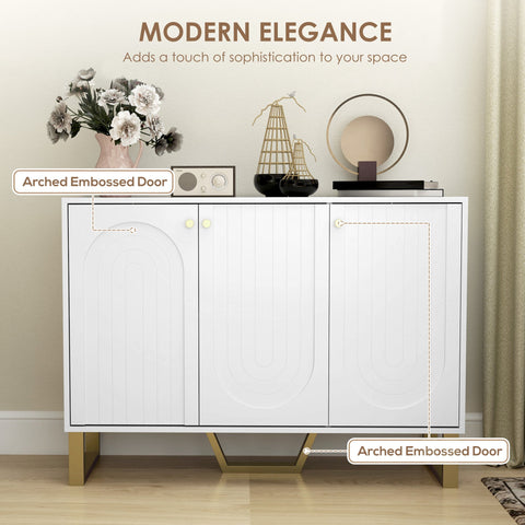 White homcom 3-door sideboard with arched embossed doors and gold geometric legs for stylish living room storage