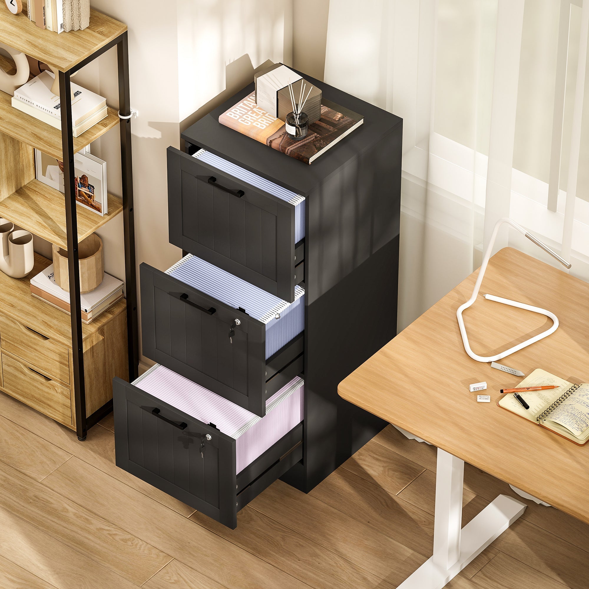 Black homcom 3 drawer filing cabinet with lock and metallic handles for office storage of a4 letter files