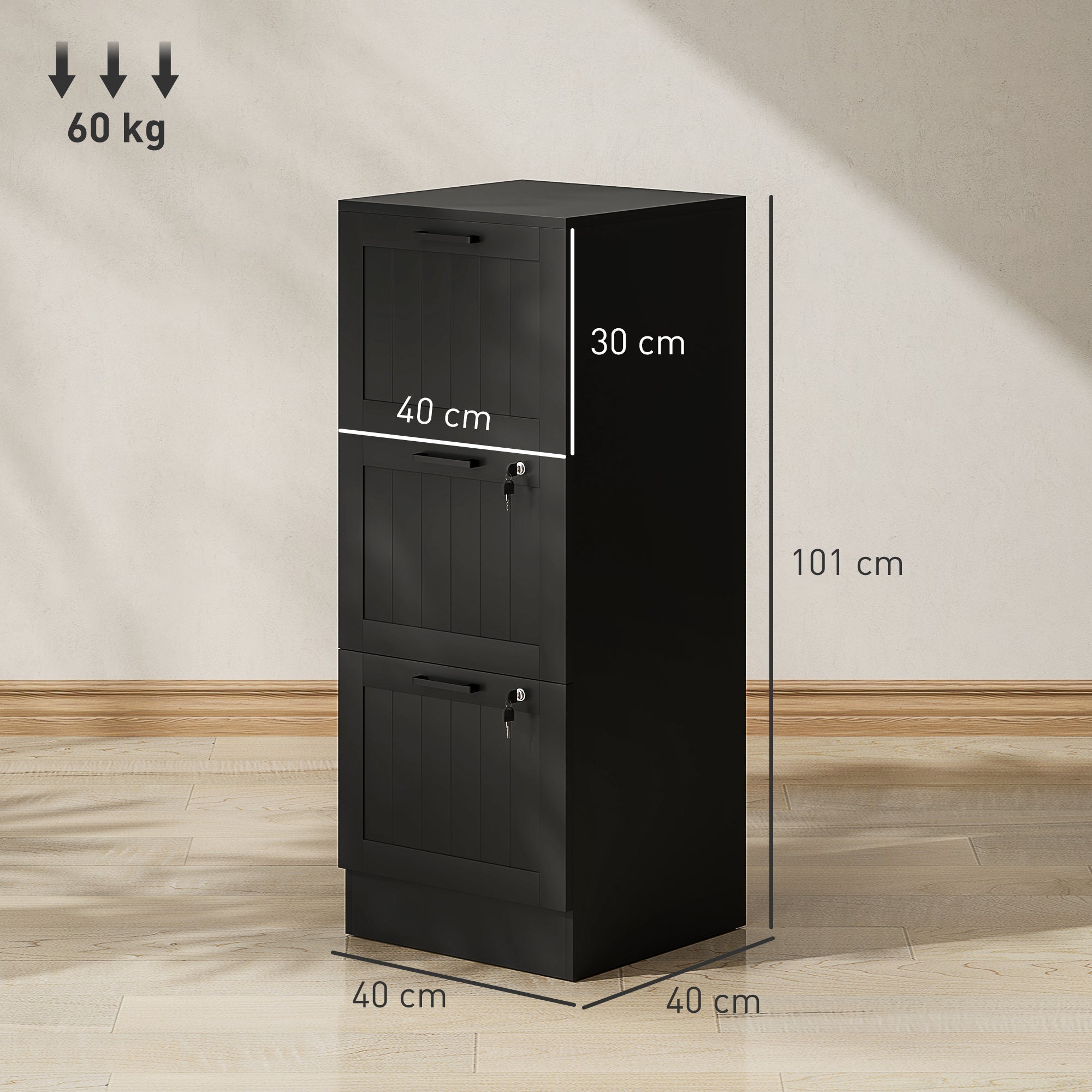 Black metal storage cabinet with three locking doors and horizontal handles for office file storage by HOMCOM