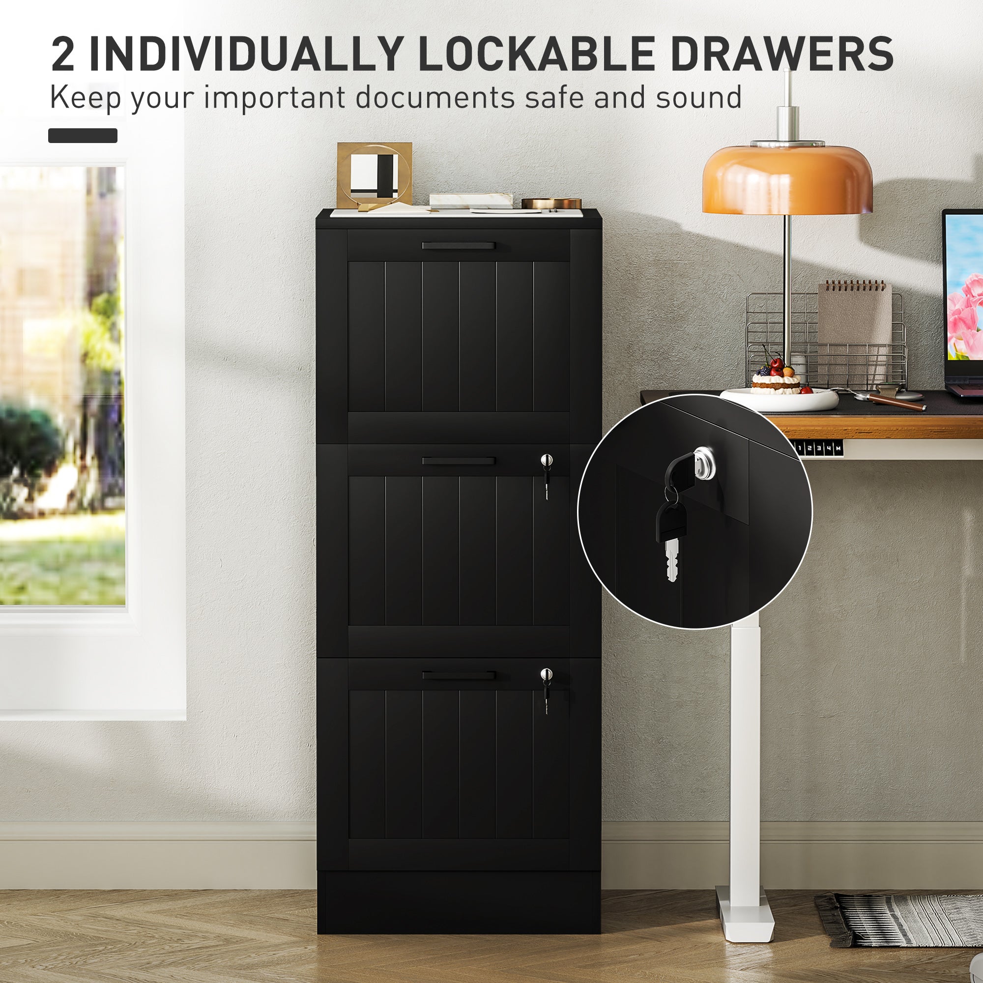 Black homcom 3 drawer filing cabinet with lock vertical paneling and adjustable hanging bars for office storage