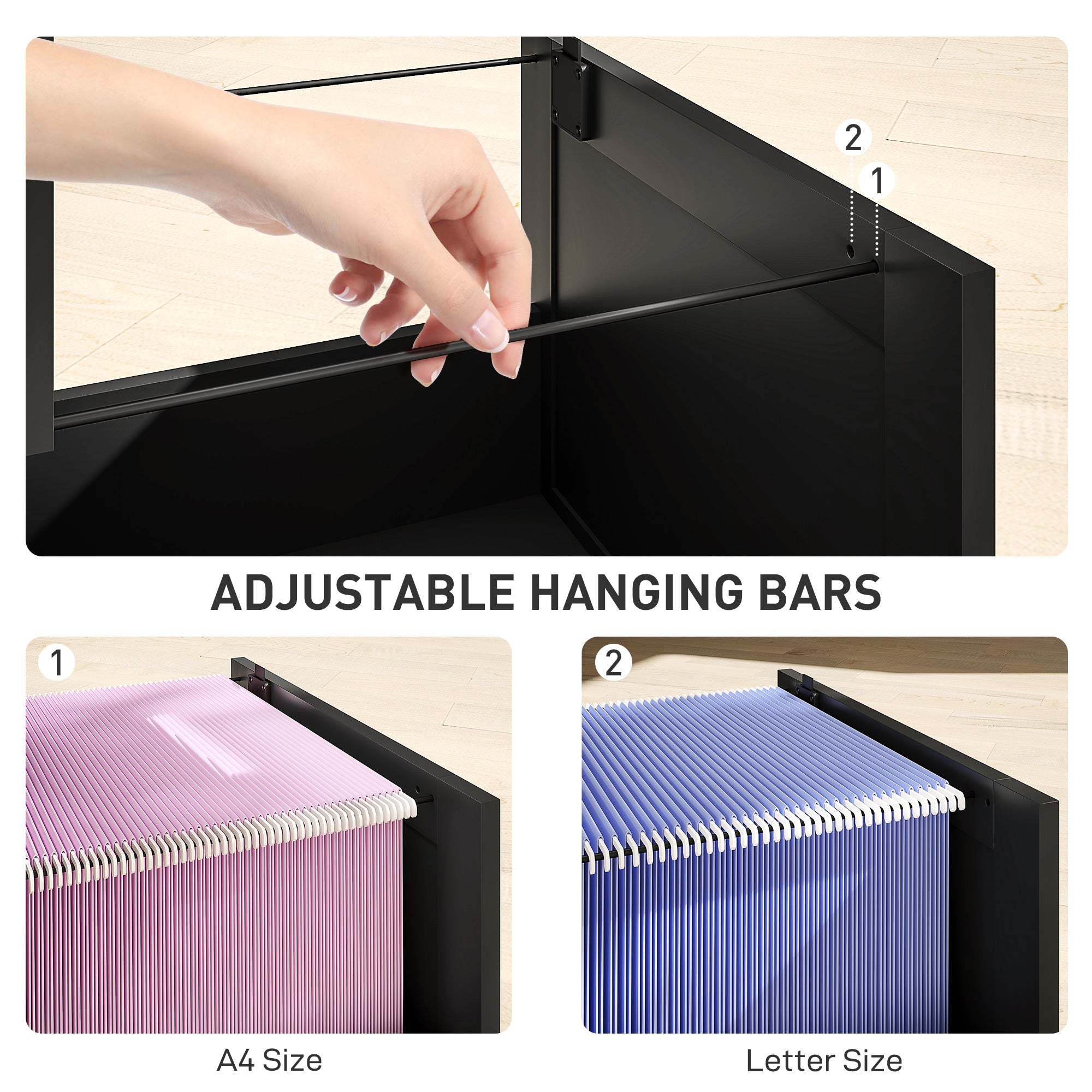 Black homcom 3 drawer filing cabinet with lock and adjustable hanging bars holding pink and blue accordion folders