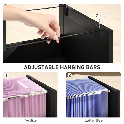 Black homcom 3 drawer filing cabinet with lock and adjustable hanging bars holding pink and blue accordion folders