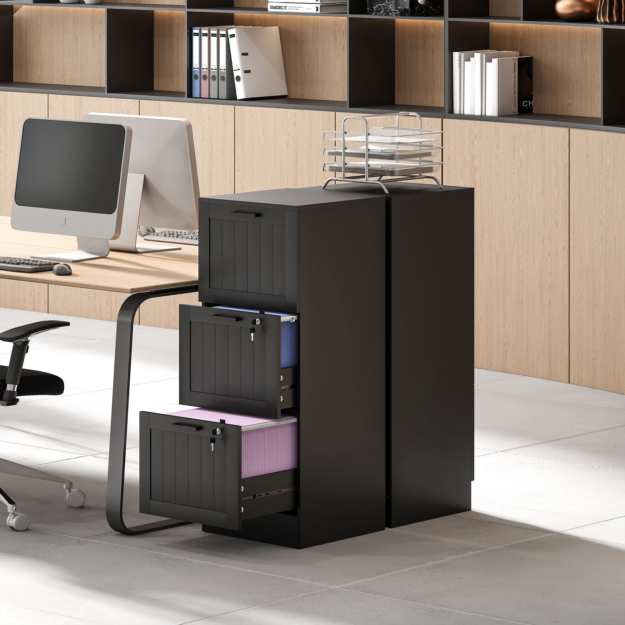 Black metal homcom 3 drawer filing cabinet with lock vertical slat design for office a4 letter files storage