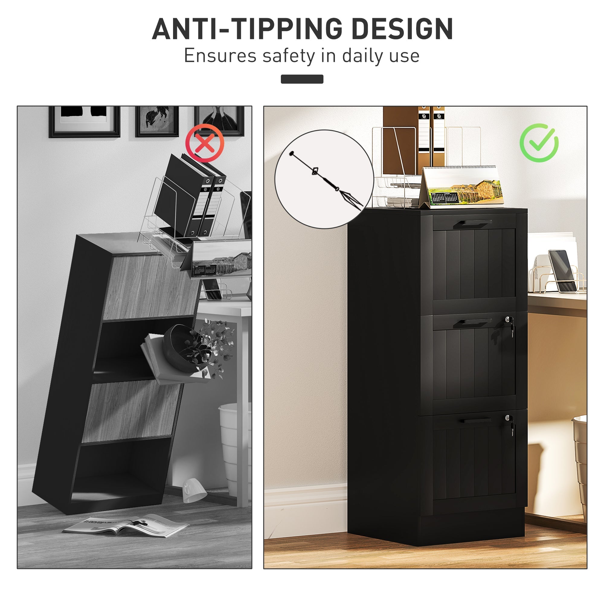 Black homcom 3 drawer filing cabinet with key locks vertical paneling and adjustable hanging bars for office storage