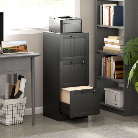Black homcom three drawer filing cabinet with lock vertical paneling adjustable bars for a4 letter size files