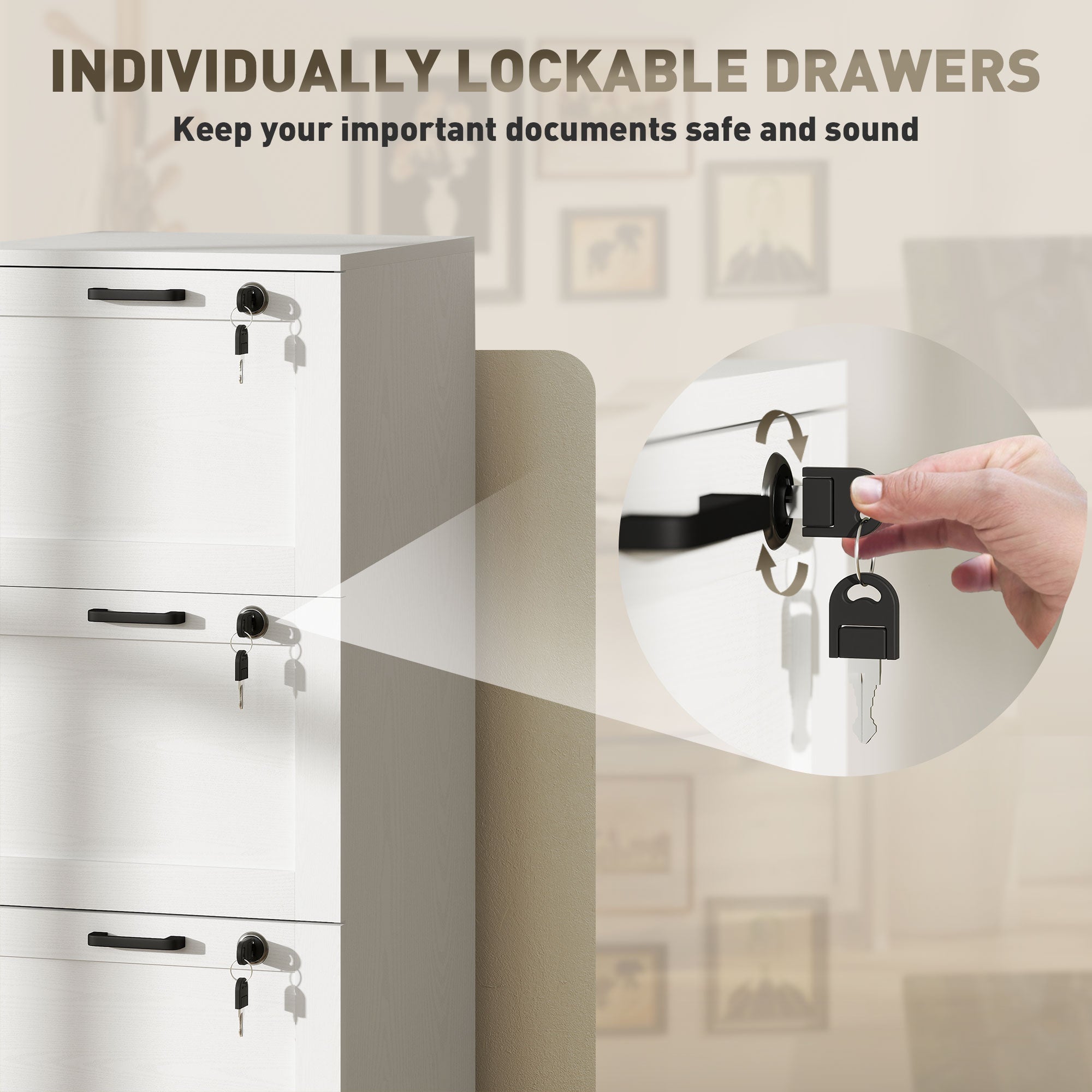 White metal file cabinet with black handles and lockable drawers ideal as a file cabinet or printer stand with wood effect