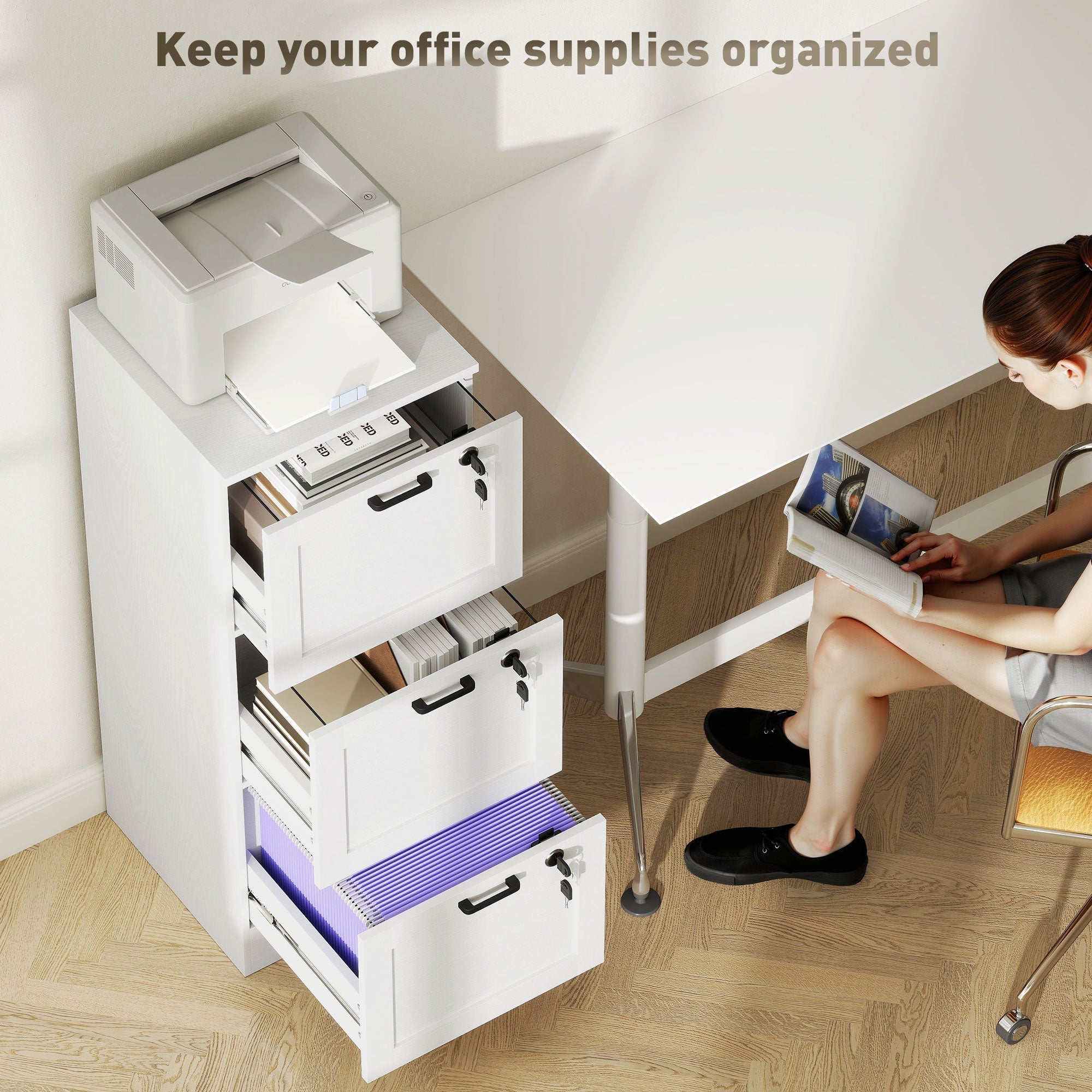 White metal file cabinet with three locking drawers and black handles ideal as a file cabinet or printer stand