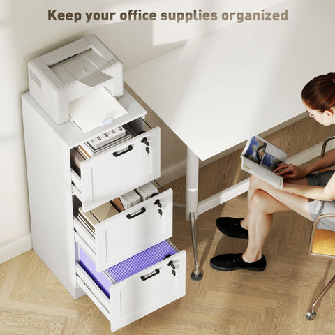White metal file cabinet with three locking drawers and black handles ideal as a file cabinet or printer stand