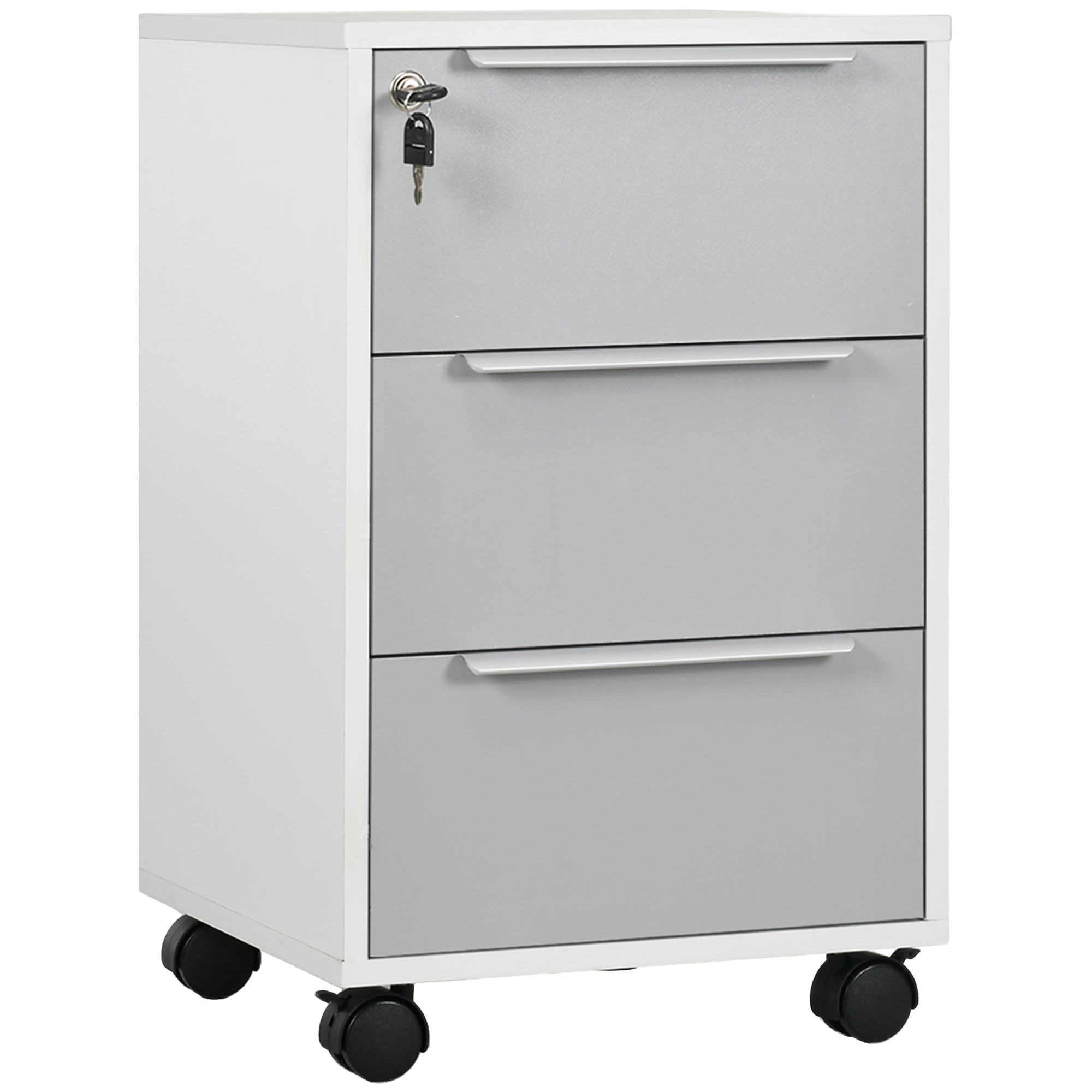 Gray three-drawer lockable filing cabinet with white frame and casters for home office and living room storage