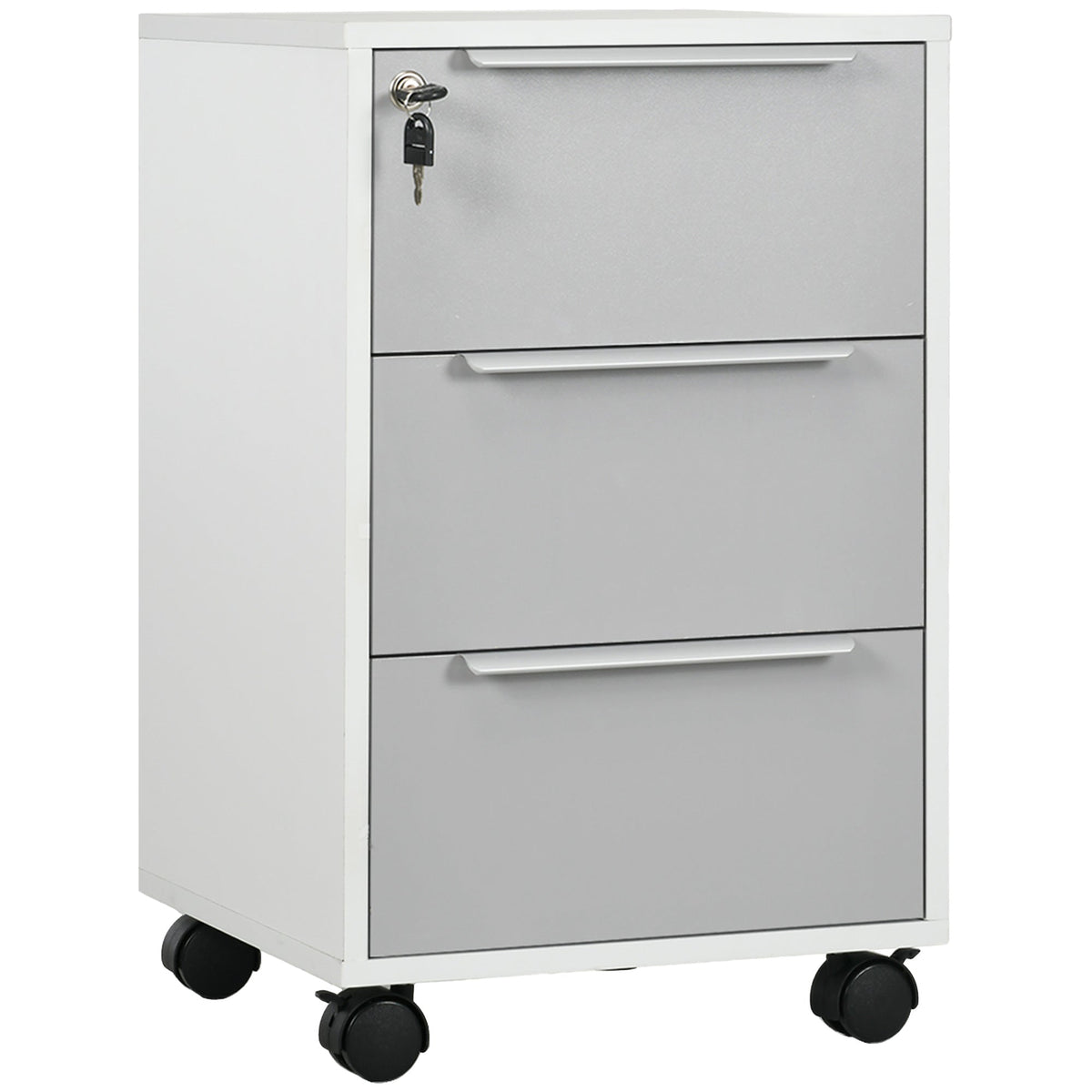 Gray three-drawer lockable filing cabinet with white frame and casters for home office and living room storage