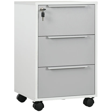 Gray three-drawer lockable filing cabinet with white frame and casters for home office and living room storage