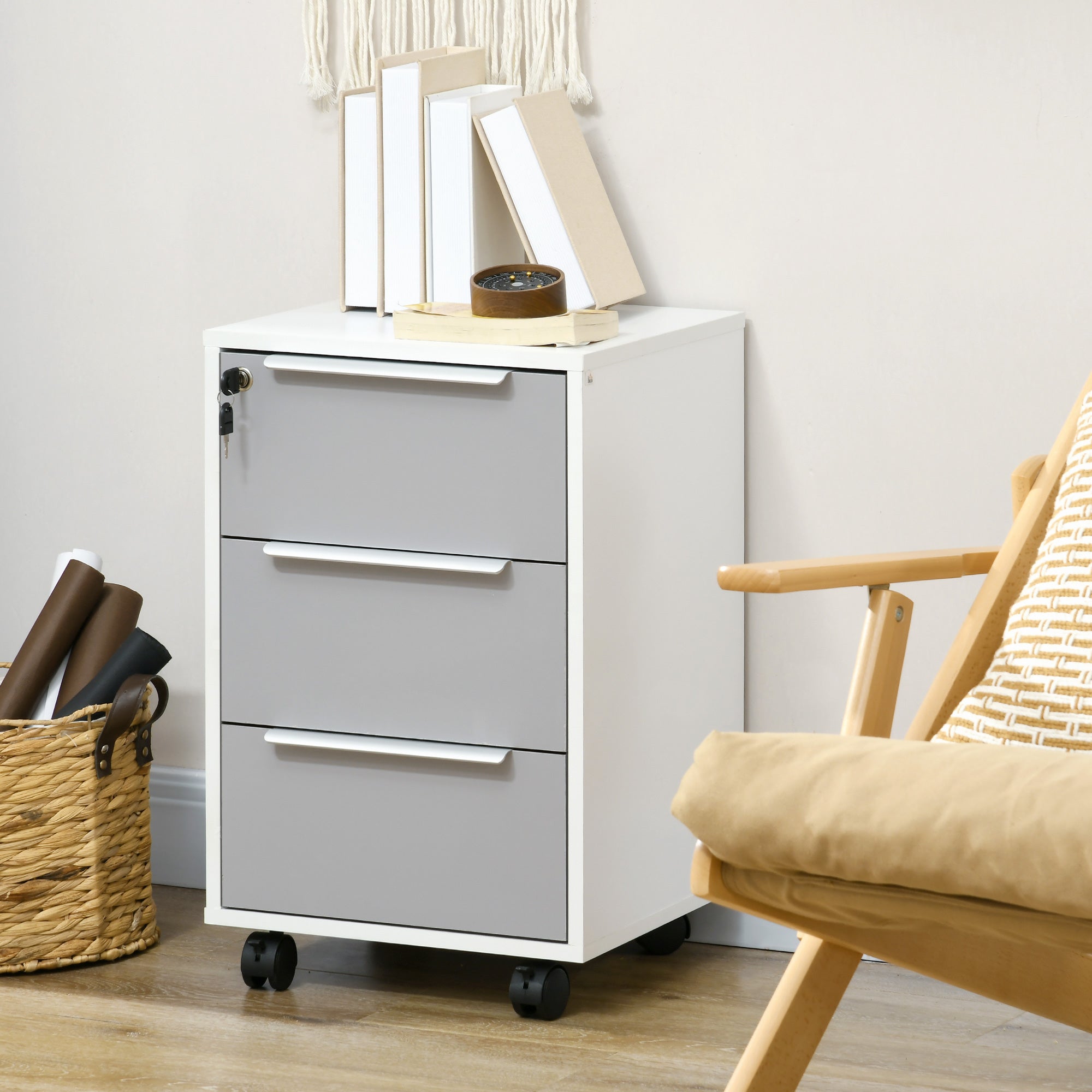 White and gray homcom 3-drawer lockable filing cabinet on wheels for home office and living room storage