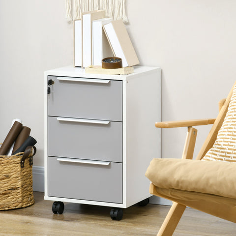 White and gray homcom 3-drawer lockable filing cabinet on wheels for home office and living room storage