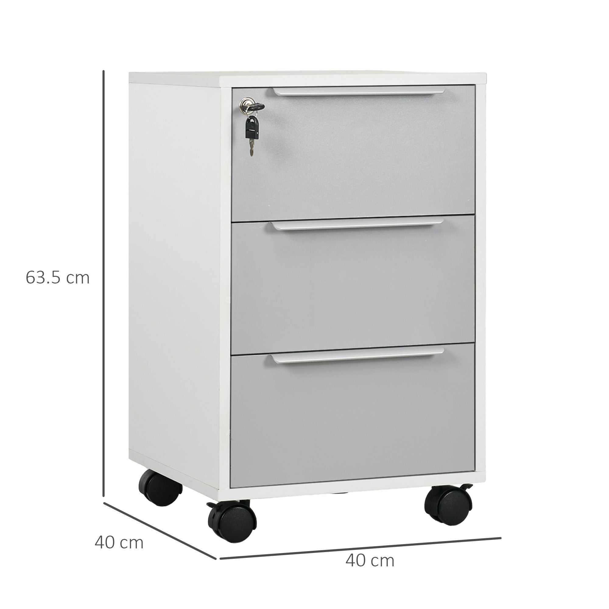 White three-drawer lockable filing cabinet with silver handles and black casters for home office and living room use