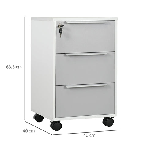 White three-drawer lockable filing cabinet with silver handles and black casters for home office and living room use