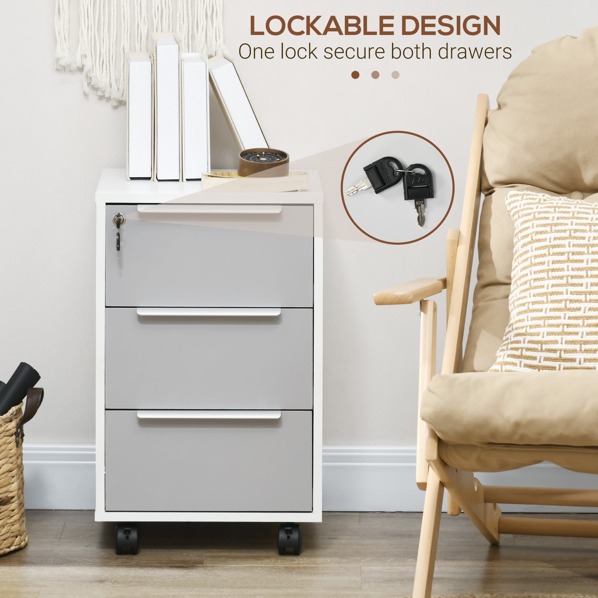 Gray and white homcom 3-drawer lockable filing cabinet on wheels for home office and living room storage