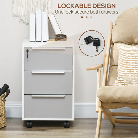 Gray and white homcom 3-drawer lockable filing cabinet on wheels for home office and living room storage