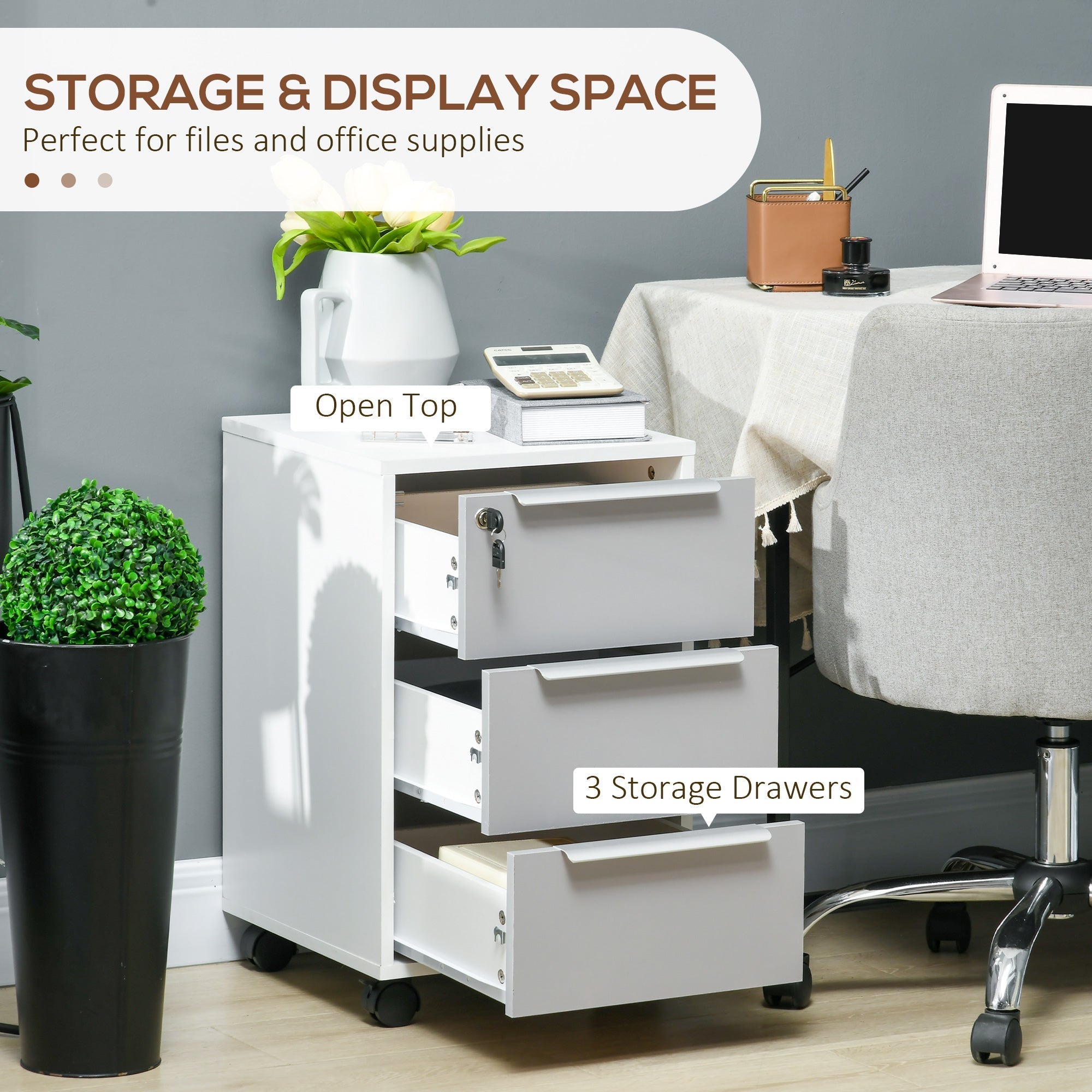 White homcom 3-drawer lockable filing cabinet with wheels and key-secured drawer for home office and living room use