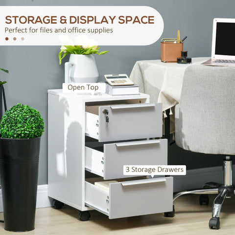 White homcom 3-drawer lockable filing cabinet with wheels and key-secured drawer for home office and living room use