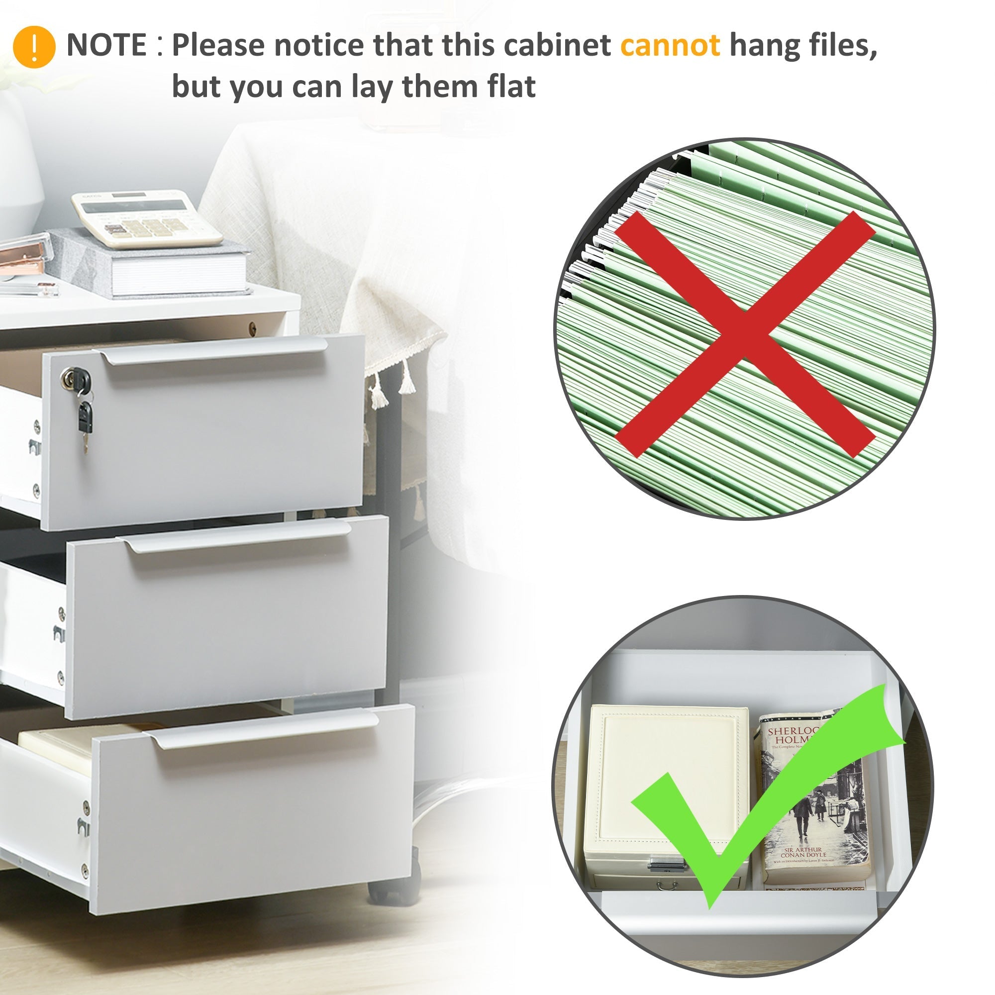 White metal 3-drawer lockable filing cabinet with wheels for home office and living room storage