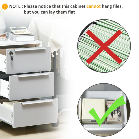 White metal 3-drawer lockable filing cabinet with wheels for home office and living room storage