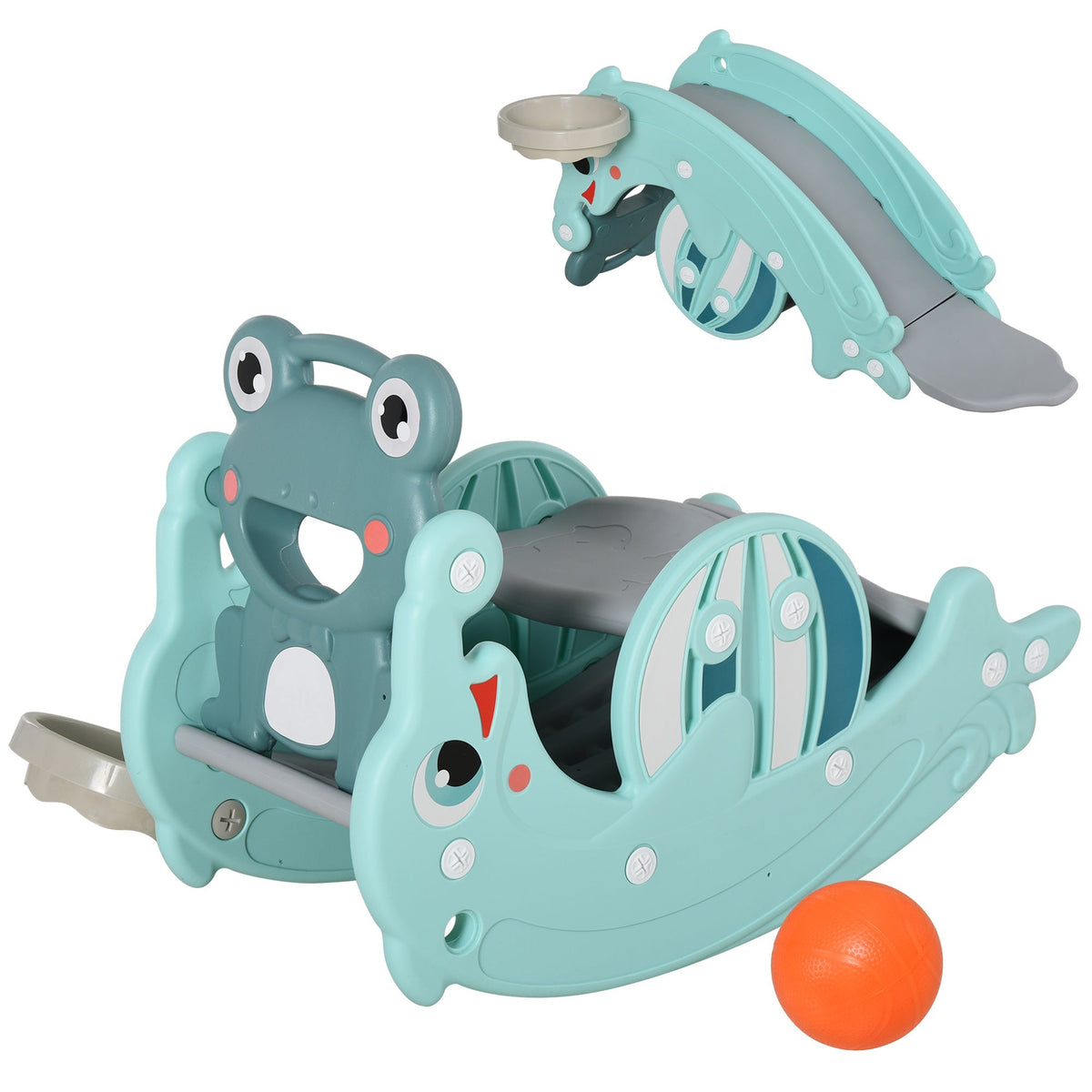 Teal plastic frog-themed rocking horse with slide and basketball hoop boosts children’s sports ability indoor outdoor play